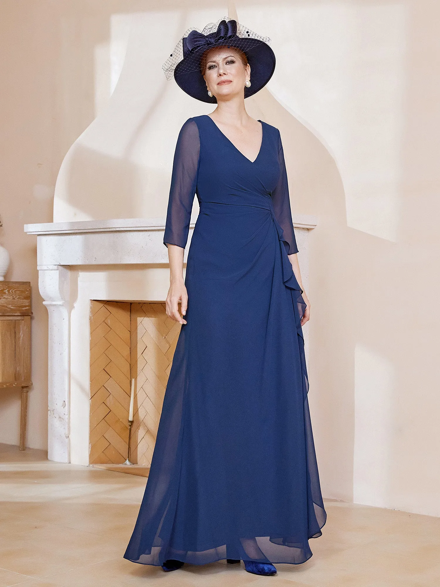 3/4-Length Sleeves V-neck Pleated Long Dress Dark Navy